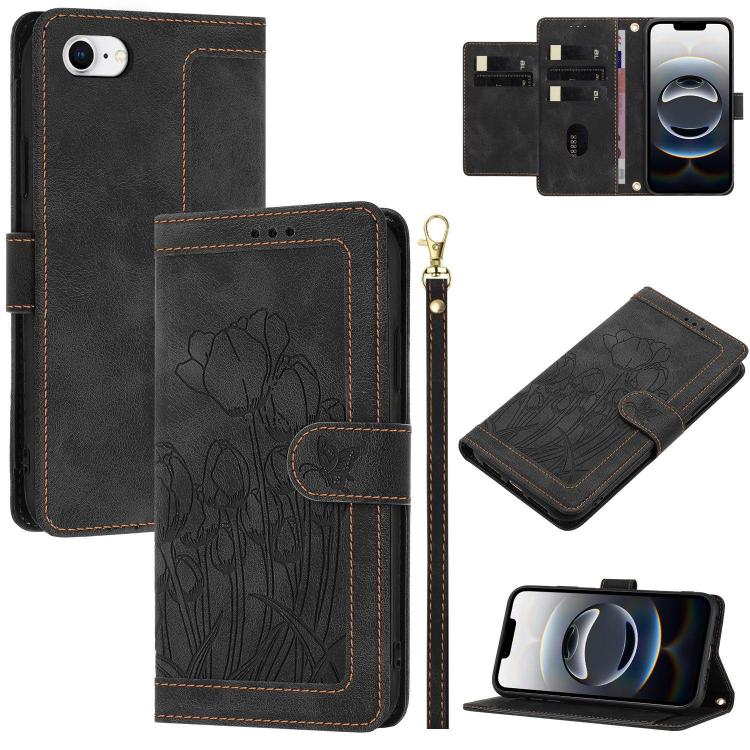 Tulips Embossed Leather Phone Case with Lanyard, For iPhone 17e / 16e, For iPhone 17 Pro Max, For iPhone 17 Pro, For iPhone 17