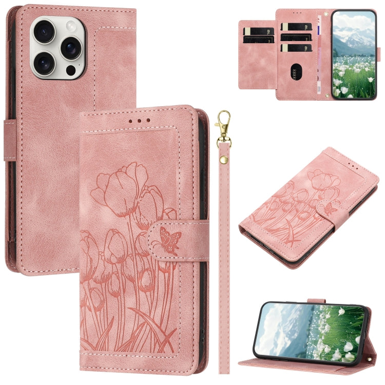 Tulips Embossed Leather Phone Case with Lanyard, For iPhone 15, For iPhone 14 Plus, For iPhone 14, For iPhone 14 Pro