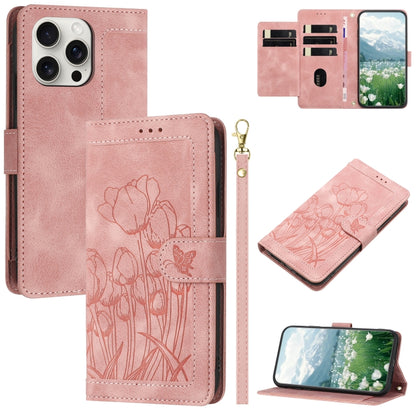 Tulips Embossed Leather Phone Case with Lanyard, For iPhone 15, For iPhone 14 Plus, For iPhone 14, For iPhone 14 Pro