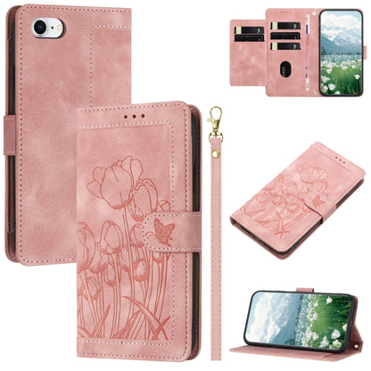 Tulips Embossed Leather Phone Case with Lanyard, For iPhone 14 Pro Max, For iPhone SE 2022 / 2020, For iPhone 13 Pro Max, For iPhone 13 Pro