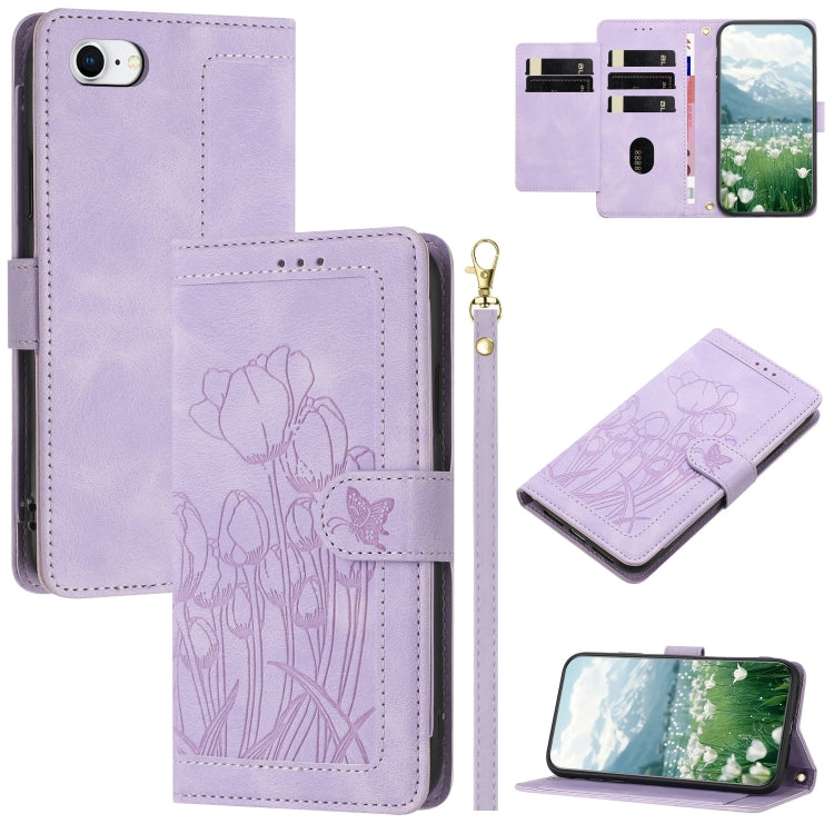 Tulips Embossed Leather Phone Case with Lanyard, For iPhone 14 Pro Max, For iPhone SE 2022 / 2020, For iPhone 13 Pro Max, For iPhone 13 Pro