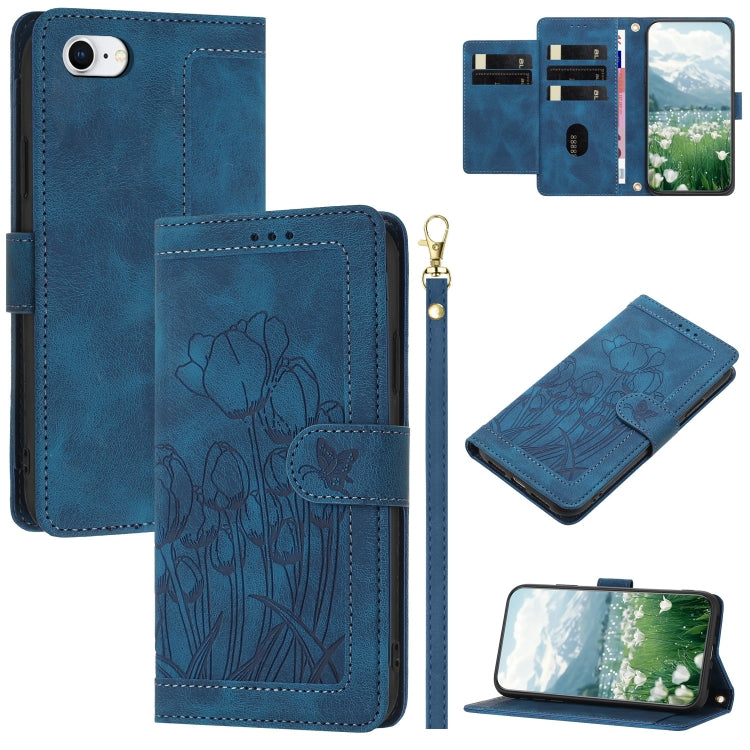 Tulips Embossed Leather Phone Case with Lanyard, For iPhone 14 Pro Max, For iPhone SE 2022 / 2020, For iPhone 13 Pro Max, For iPhone 13 Pro