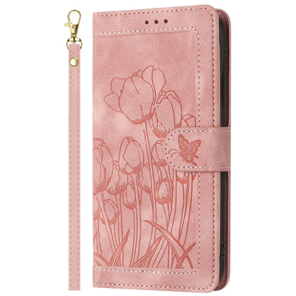 Tulips Embossed Leather Phone Case with Lanyard, For iPhone 13, For iPhone 13 mini, For iPhone 12 / 12 Pro, For iPhone 12 Pro Max
