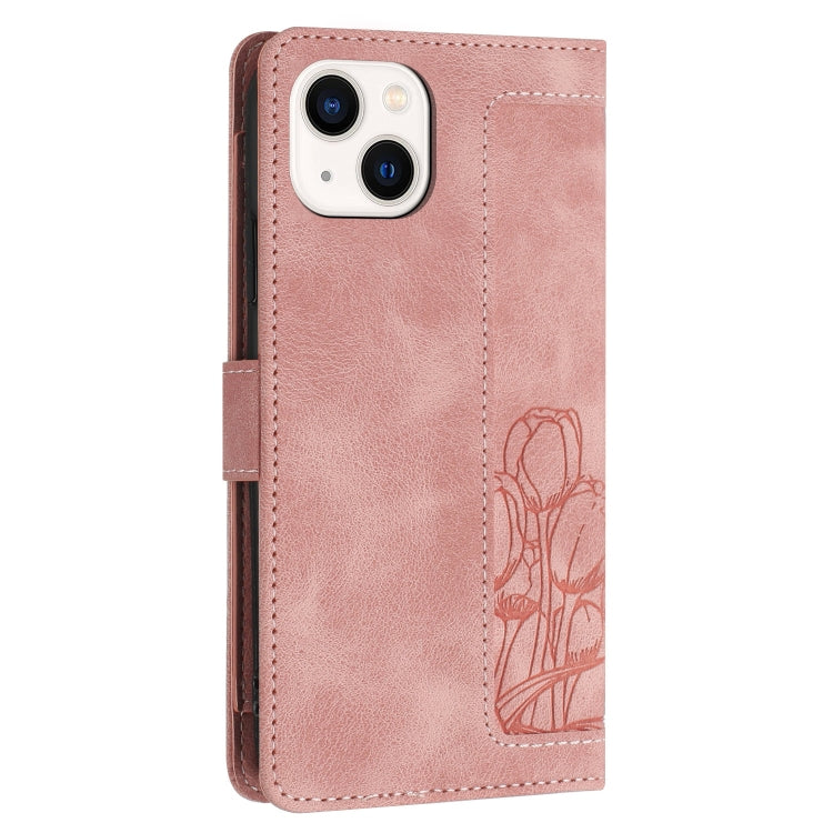 Tulips Embossed Leather Phone Case with Lanyard, For iPhone 13, For iPhone 13 mini, For iPhone 12 / 12 Pro, For iPhone 12 Pro Max