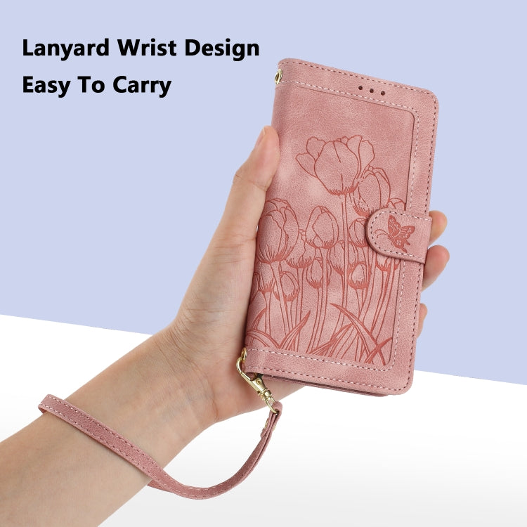 Tulips Embossed Leather Phone Case with Lanyard, For iPhone 13, For iPhone 13 mini, For iPhone 12 / 12 Pro, For iPhone 12 Pro Max
