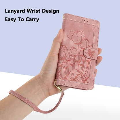 Tulips Embossed Leather Phone Case with Lanyard, For iPhone 13, For iPhone 13 mini, For iPhone 12 / 12 Pro, For iPhone 12 Pro Max