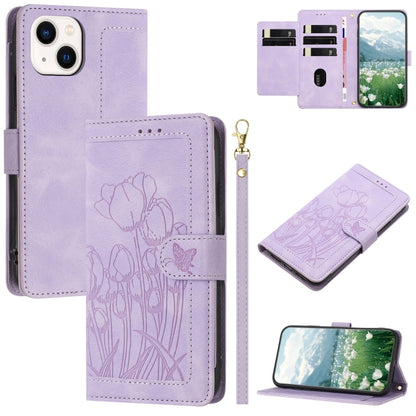 Tulips Embossed Leather Phone Case with Lanyard, For iPhone 13, For iPhone 13 mini, For iPhone 12 / 12 Pro, For iPhone 12 Pro Max