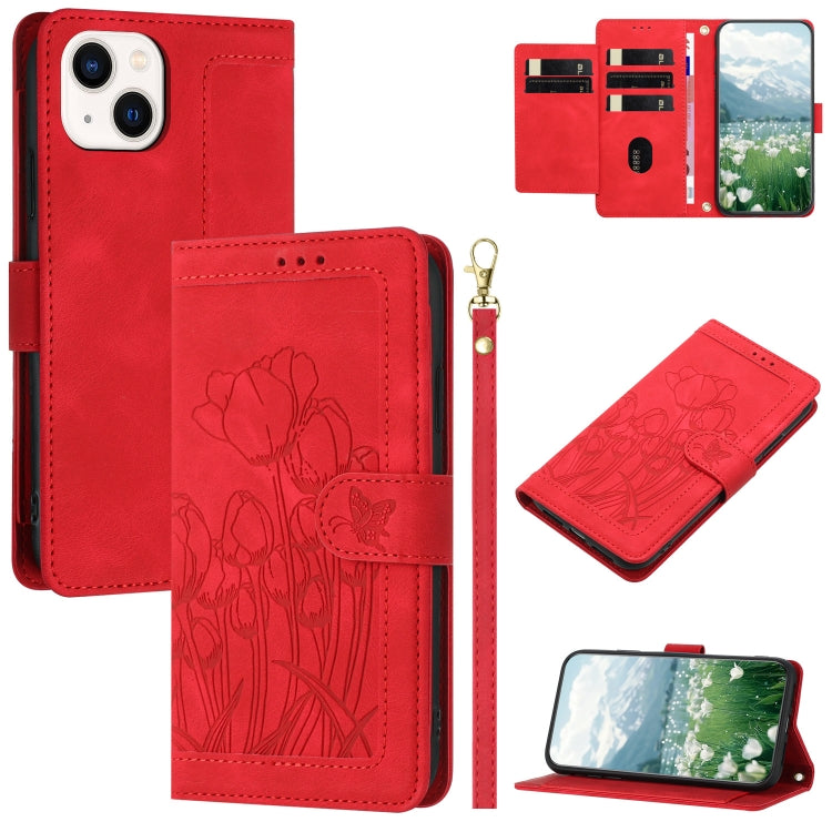 Tulips Embossed Leather Phone Case with Lanyard, For iPhone 13, For iPhone 13 mini, For iPhone 12 / 12 Pro, For iPhone 12 Pro Max