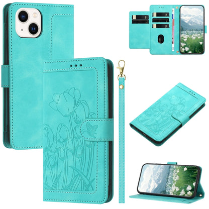 Tulips Embossed Leather Phone Case with Lanyard, For iPhone 13, For iPhone 13 mini, For iPhone 12 / 12 Pro, For iPhone 12 Pro Max