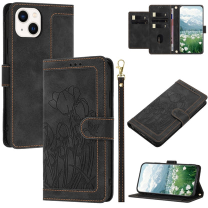 Tulips Embossed Leather Phone Case with Lanyard, For iPhone 13, For iPhone 13 mini, For iPhone 12 / 12 Pro, For iPhone 12 Pro Max