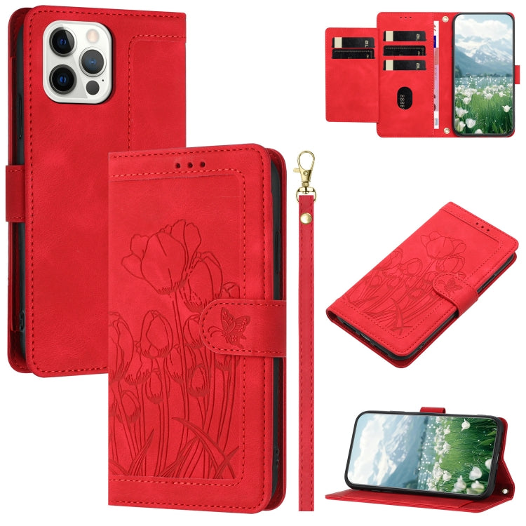 Tulips Embossed Leather Phone Case with Lanyard, For iPhone 13, For iPhone 13 mini, For iPhone 12 / 12 Pro, For iPhone 12 Pro Max