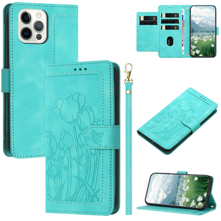Tulips Embossed Leather Phone Case with Lanyard, For iPhone 13, For iPhone 13 mini, For iPhone 12 / 12 Pro, For iPhone 12 Pro Max