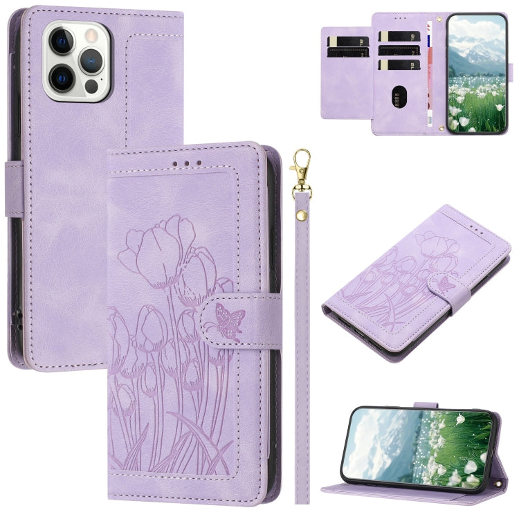 Tulips Embossed Leather Phone Case with Lanyard, For iPhone 13, For iPhone 13 mini, For iPhone 12 / 12 Pro, For iPhone 12 Pro Max