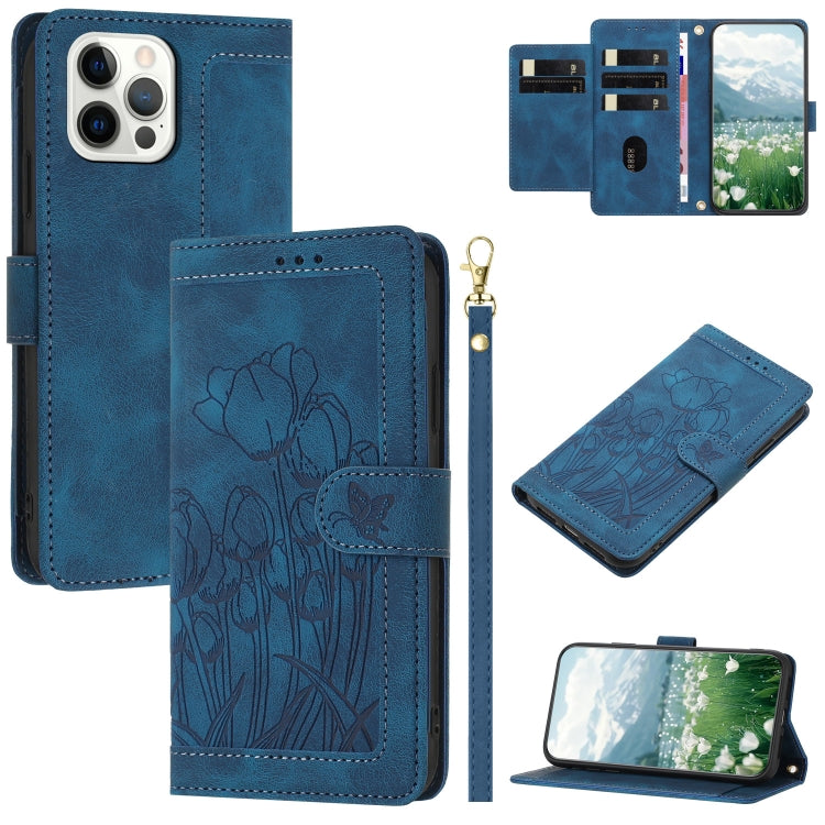 Tulips Embossed Leather Phone Case with Lanyard, For iPhone 13, For iPhone 13 mini, For iPhone 12 / 12 Pro, For iPhone 12 Pro Max