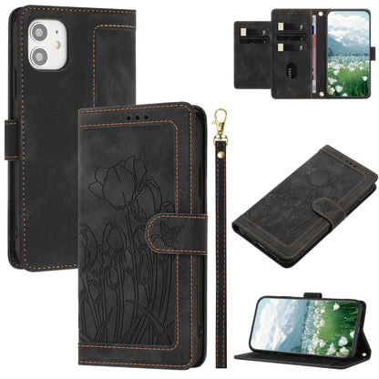 Tulips Embossed Leather Phone Case with Lanyard, For iPhone 12 mini, For iPhone 11 Pro Max, For iPhone 11, For iPhone 11 Pro