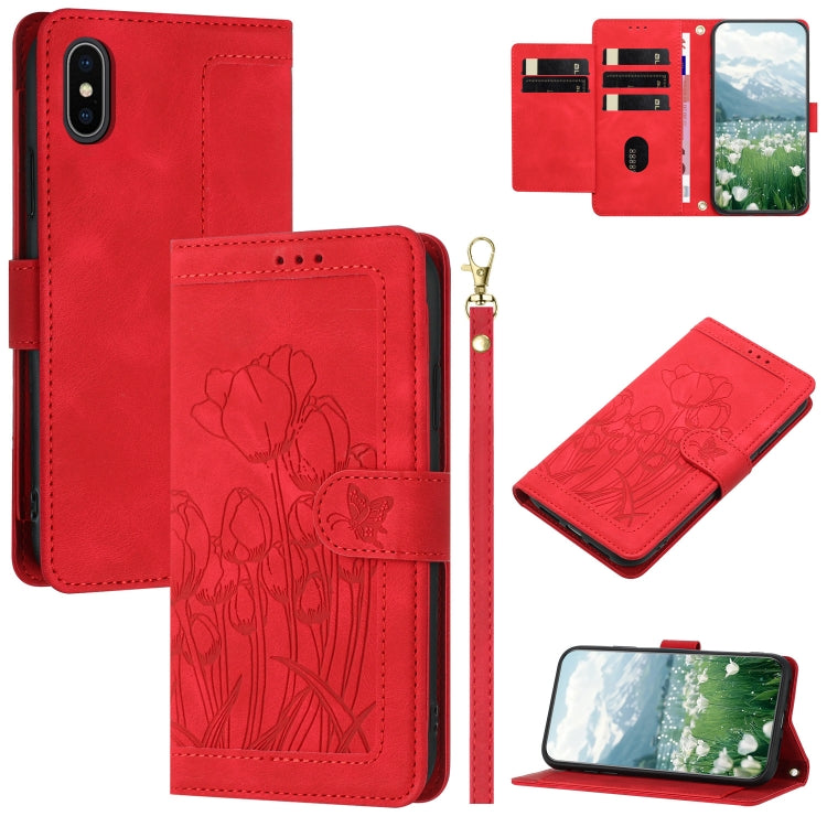 Tulips Embossed Leather Phone Case with Lanyard, For iPhone XS / X, For iPhone XR, For iPhone XS Max, For iPhone 8 Plus / 7 Plus