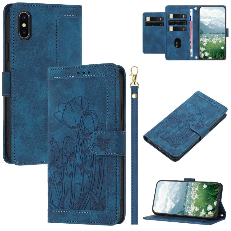 Tulips Embossed Leather Phone Case with Lanyard, For iPhone XS / X, For iPhone XR, For iPhone XS Max, For iPhone 8 Plus / 7 Plus