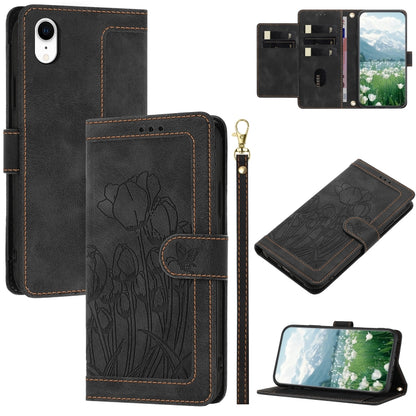 Tulips Embossed Leather Phone Case with Lanyard, For iPhone XS / X, For iPhone XR, For iPhone XS Max, For iPhone 8 Plus / 7 Plus