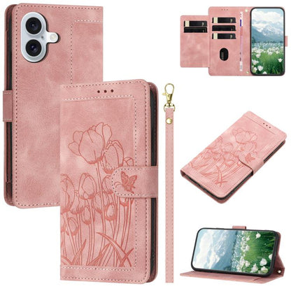 Tulips Embossed Leather Phone Case with Lanyard, For iPhone 17e / 16e, For iPhone 17 Pro Max, For iPhone 17 Pro, For iPhone 17