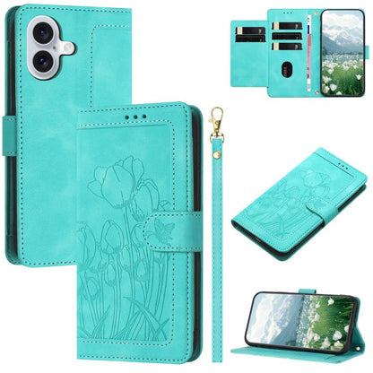 Tulips Embossed Leather Phone Case with Lanyard, For iPhone 17e / 16e, For iPhone 17 Pro Max, For iPhone 17 Pro, For iPhone 17