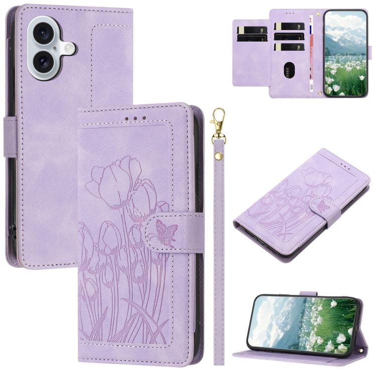 Tulips Embossed Leather Phone Case with Lanyard, For iPhone 17e / 16e, For iPhone 17 Pro Max, For iPhone 17 Pro, For iPhone 17
