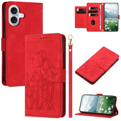 Tulips Embossed Leather Phone Case with Lanyard, For iPhone 17e / 16e, For iPhone 17 Pro Max, For iPhone 17 Pro, For iPhone 17