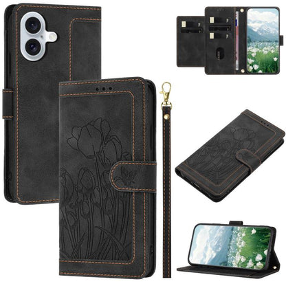 Tulips Embossed Leather Phone Case with Lanyard, For iPhone 17e / 16e, For iPhone 17 Pro Max, For iPhone 17 Pro, For iPhone 17