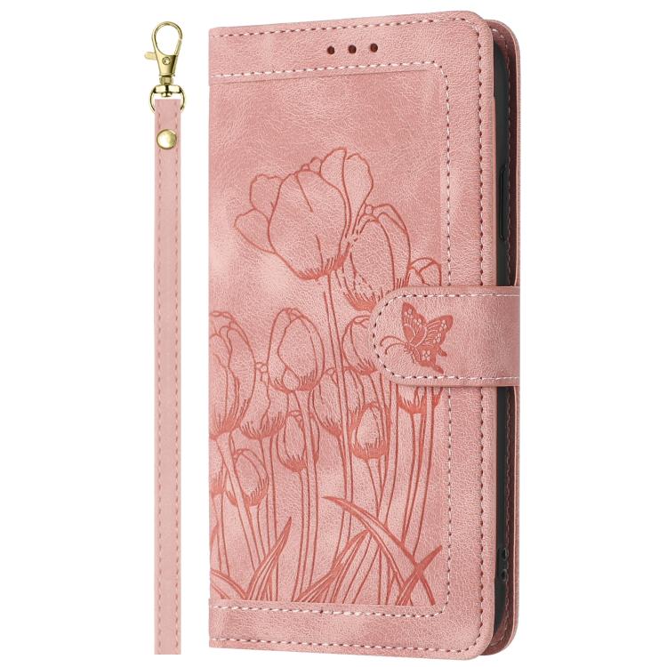 Tulips Embossed Leather Phone Case with Lanyard, For iPhone Air, For iPhone 16 Pro Max, For iPhone 16 Pro, For iPhone 16 Plus