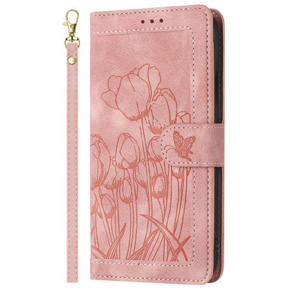 Tulips Embossed Leather Phone Case with Lanyard, For iPhone Air, For iPhone 16 Pro Max, For iPhone 16 Pro, For iPhone 16 Plus