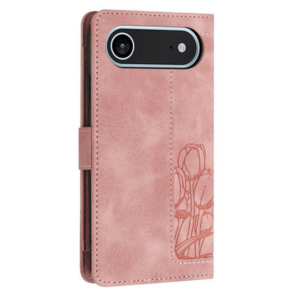 Tulips Embossed Leather Phone Case with Lanyard, For iPhone Air, For iPhone 16 Pro Max, For iPhone 16 Pro, For iPhone 16 Plus