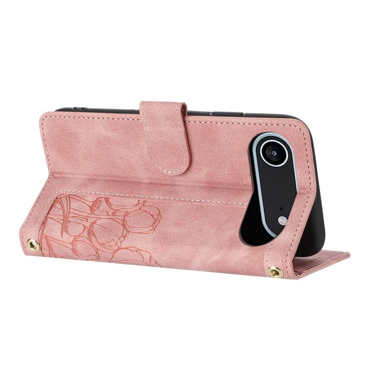 Tulips Embossed Leather Phone Case with Lanyard, For iPhone Air, For iPhone 16 Pro Max, For iPhone 16 Pro, For iPhone 16 Plus