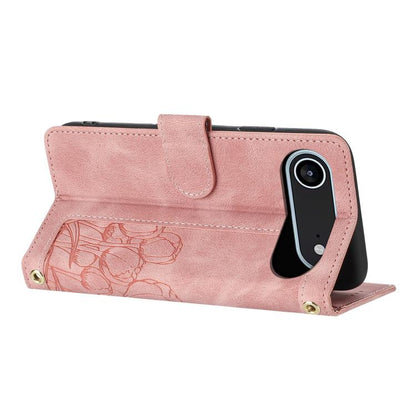 Tulips Embossed Leather Phone Case with Lanyard, For iPhone Air, For iPhone 16 Pro Max, For iPhone 16 Pro, For iPhone 16 Plus