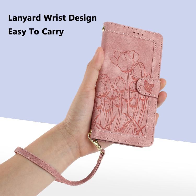 Tulips Embossed Leather Phone Case with Lanyard, For iPhone Air, For iPhone 16 Pro Max, For iPhone 16 Pro, For iPhone 16 Plus
