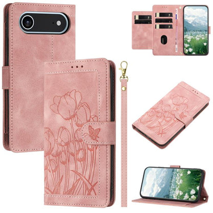 Tulips Embossed Leather Phone Case with Lanyard, For iPhone Air, For iPhone 16 Pro Max, For iPhone 16 Pro, For iPhone 16 Plus