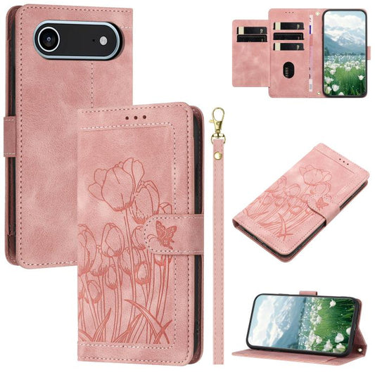 Tulips Embossed Leather Phone Case with Lanyard, For iPhone Air, For iPhone 16 Pro Max, For iPhone 16 Pro, For iPhone 16 Plus