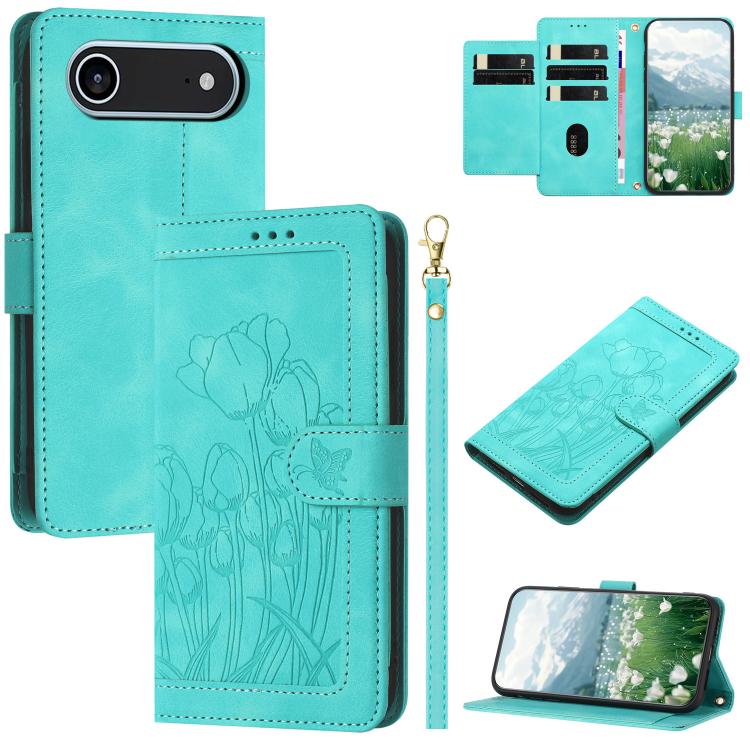 Tulips Embossed Leather Phone Case with Lanyard, For iPhone Air, For iPhone 16 Pro Max, For iPhone 16 Pro, For iPhone 16 Plus
