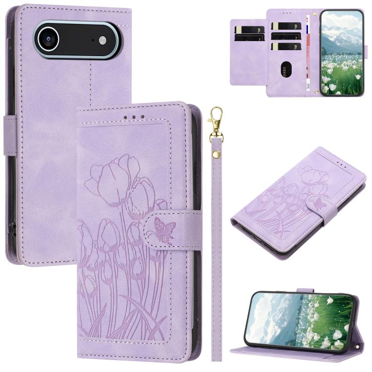 Tulips Embossed Leather Phone Case with Lanyard, For iPhone Air, For iPhone 16 Pro Max, For iPhone 16 Pro, For iPhone 16 Plus