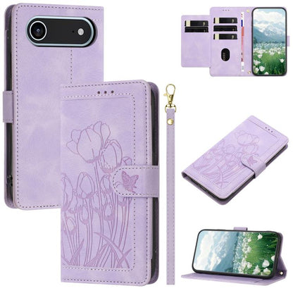 Tulips Embossed Leather Phone Case with Lanyard, For iPhone Air, For iPhone 16 Pro Max, For iPhone 16 Pro, For iPhone 16 Plus