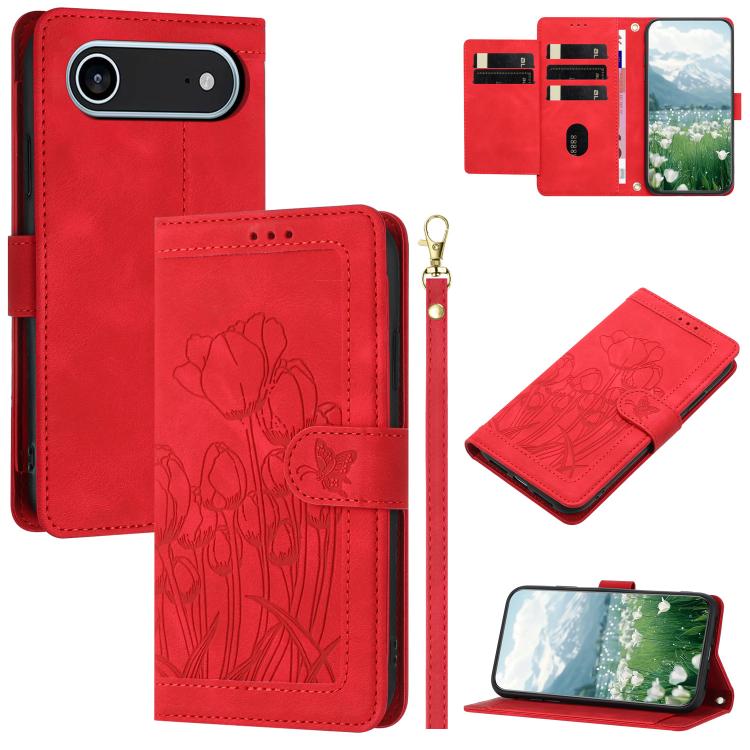 Tulips Embossed Leather Phone Case with Lanyard, For iPhone Air, For iPhone 16 Pro Max, For iPhone 16 Pro, For iPhone 16 Plus