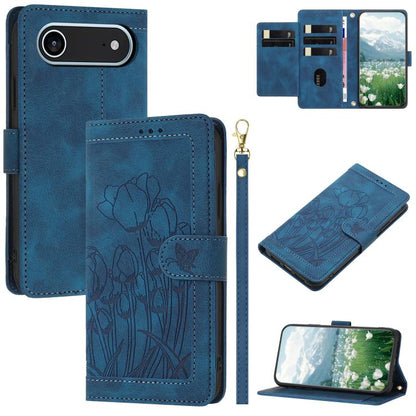 Tulips Embossed Leather Phone Case with Lanyard, For iPhone Air, For iPhone 16 Pro Max, For iPhone 16 Pro, For iPhone 16 Plus