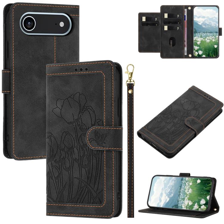Tulips Embossed Leather Phone Case with Lanyard, For iPhone Air, For iPhone 16 Pro Max, For iPhone 16 Pro, For iPhone 16 Plus