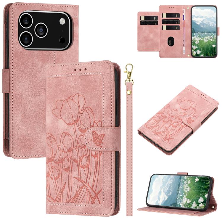 Tulips Embossed Leather Phone Case with Lanyard, For iPhone 17e / 16e, For iPhone 17 Pro Max, For iPhone 17 Pro, For iPhone 17