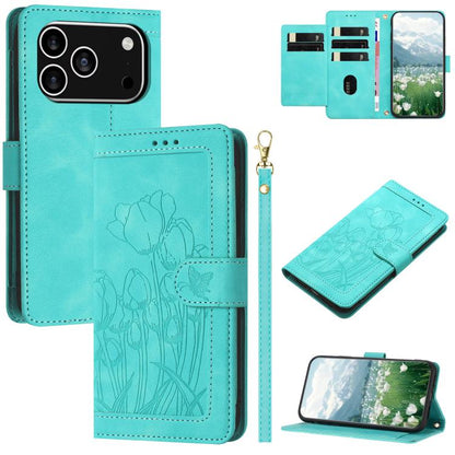 Tulips Embossed Leather Phone Case with Lanyard, For iPhone 17e / 16e, For iPhone 17 Pro Max, For iPhone 17 Pro, For iPhone 17
