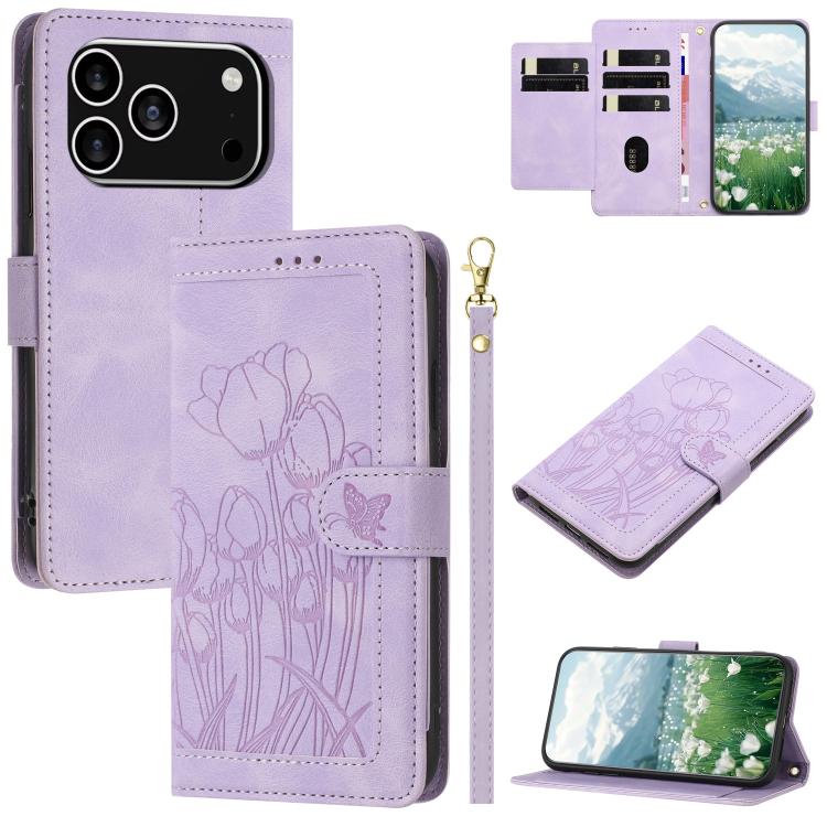 Tulips Embossed Leather Phone Case with Lanyard, For iPhone 17e / 16e, For iPhone 17 Pro Max, For iPhone 17 Pro, For iPhone 17
