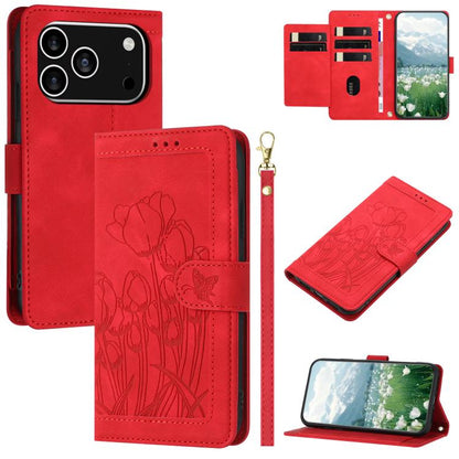 Tulips Embossed Leather Phone Case with Lanyard, For iPhone 17e / 16e, For iPhone 17 Pro Max, For iPhone 17 Pro, For iPhone 17