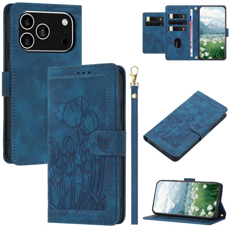 Tulips Embossed Leather Phone Case with Lanyard, For iPhone 17e / 16e, For iPhone 17 Pro Max, For iPhone 17 Pro, For iPhone 17