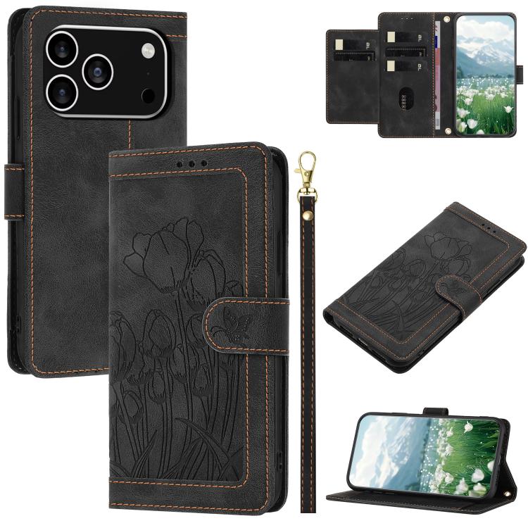 Tulips Embossed Leather Phone Case with Lanyard, For iPhone 17e / 16e, For iPhone 17 Pro Max, For iPhone 17 Pro, For iPhone 17
