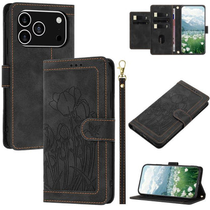 Tulips Embossed Leather Phone Case with Lanyard, For iPhone 17e / 16e, For iPhone 17 Pro Max, For iPhone 17 Pro, For iPhone 17