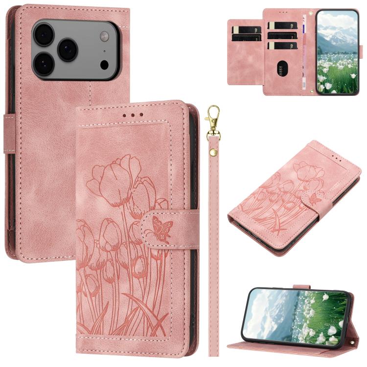 Tulips Embossed Leather Phone Case with Lanyard, For iPhone 17e / 16e, For iPhone 17 Pro Max, For iPhone 17 Pro, For iPhone 17
