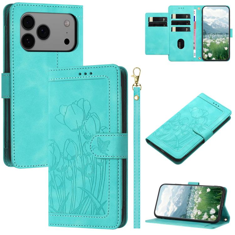 Tulips Embossed Leather Phone Case with Lanyard, For iPhone 17e / 16e, For iPhone 17 Pro Max, For iPhone 17 Pro, For iPhone 17